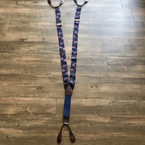 Vintage Suspenders CAS West Germany Elastic Blue Paisley Leather Gold Clips